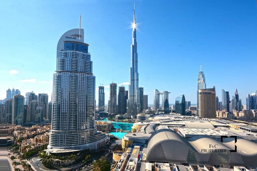 Full Fountain and Burj Khalifa View on High Floor