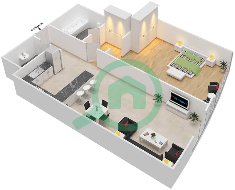 المخططات الطابقية لتصميم النموذج / الوحدة 2 UNIT 4 BLOCK C7 شقة 1 غرفة نوم - أبراج هيدرا أفينيو interactive3D