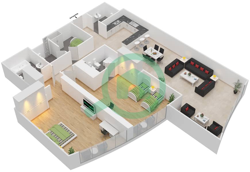 المخططات الطابقية لتصميم النموذج / الوحدة 3 UNIT 4 BLOCK C4 شقة 2 غرفة نوم - أبراج هيدرا أفينيو interactive3D