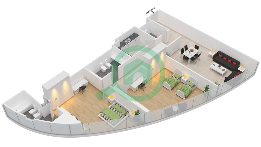 المخططات الطابقية لتصميم النموذج / الوحدة 4 UNIT 2,7 BLOCK C5 شقة 2 غرفة نوم - أبراج هيدرا أفينيو interactive3D