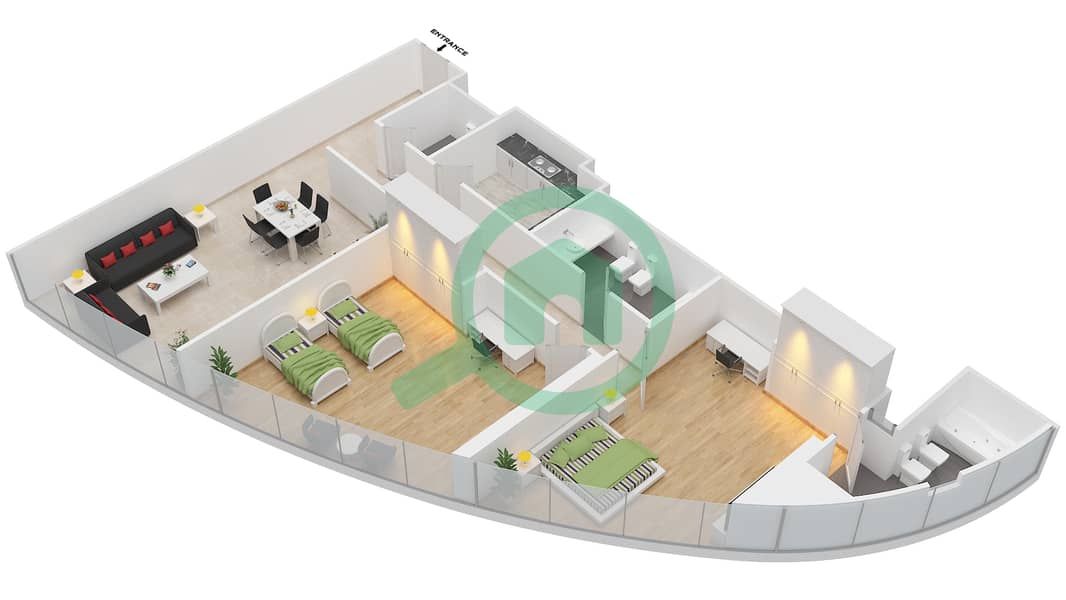 Гидра Авеню Тауэрс - Апартамент 2 Cпальни планировка Тип/мера 4 UNIT 2,7 BLOCK C4 interactive3D