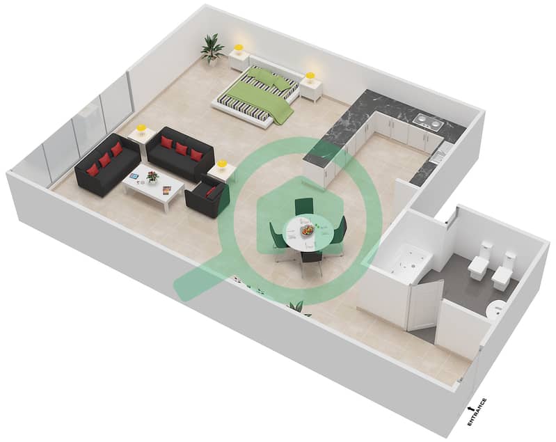 المخططات الطابقية لتصميم النموذج / الوحدة 5 UNIT 1 BLOCK C4 شقة استوديو - أبراج هيدرا أفينيو interactive3D