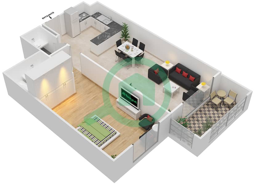 المخططات الطابقية لتصميم النموذج / الوحدة 1A/5 شقة 1 غرفة نوم - عزيزي ديزي interactive3D