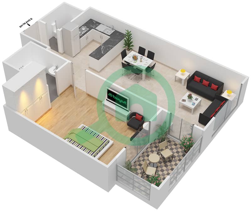 المخططات الطابقية لتصميم النموذج / الوحدة 2A/10 شقة 1 غرفة نوم - عزيزي ديزي interactive3D