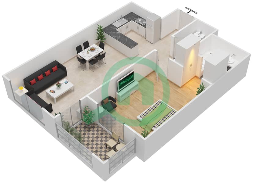 المخططات الطابقية لتصميم النموذج / الوحدة 3A/11 شقة 1 غرفة نوم - عزيزي ديزي interactive3D