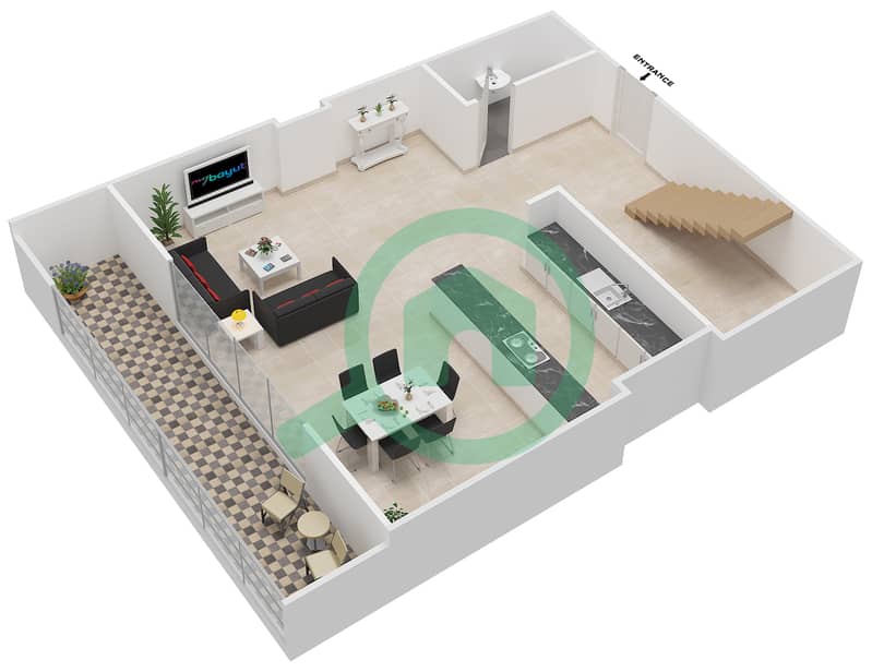 海德拉大道大厦 - 2 卧室联排别墅类型／单位1 UNIT G12-G39戶型图 Ground Floor interactive3D