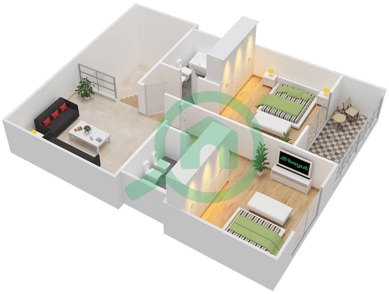 المخططات الطابقية لتصميم النموذج / الوحدة 2B UNIT B1,B4,B5,B8,B9 شقة 2 غرفة نوم - أبراج هيدرا أفينيو First Floor interactive3D