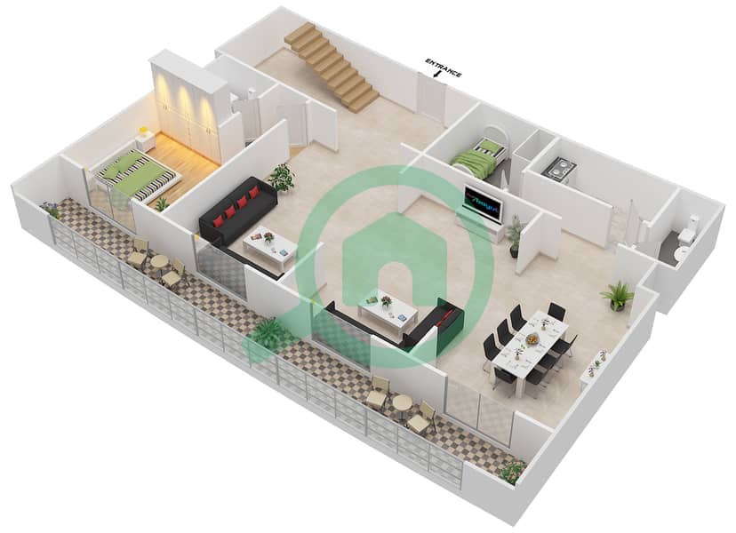 المخططات الطابقية لتصميم النموذج / الوحدة 3 UNIT B2,B6 تاون هاوس 4 غرف نوم - أبراج هيدرا أفينيو Ground Floor interactive3D