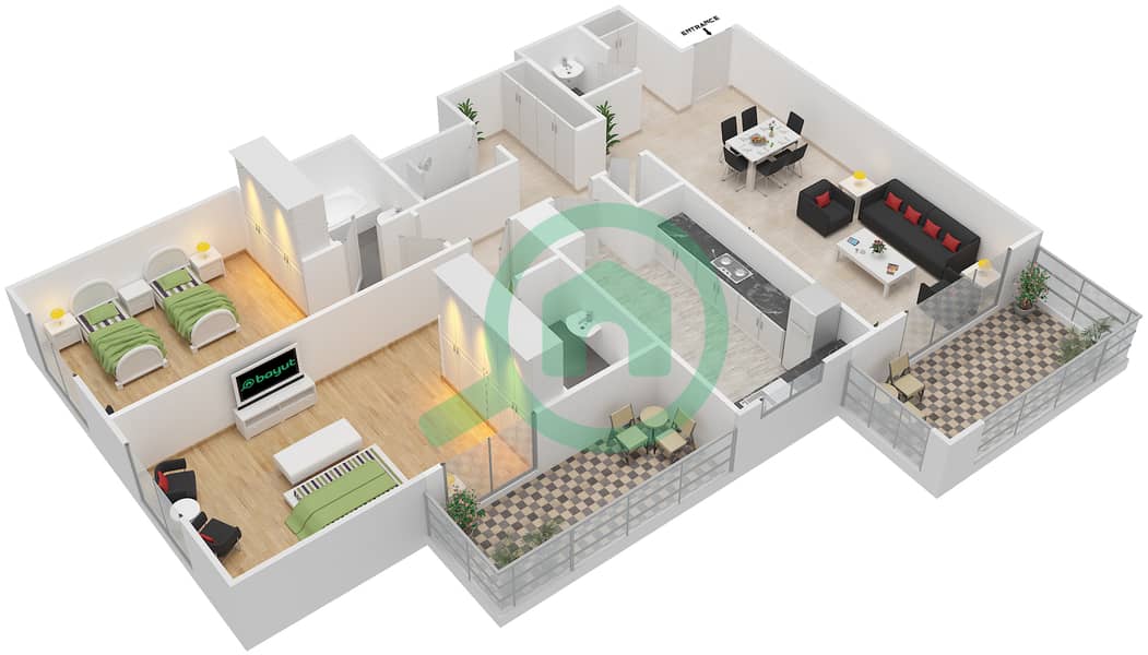 المخططات الطابقية لتصميم النموذج / الوحدة 1B/1 شقة 2 غرفة نوم - عزيزي ديزي interactive3D