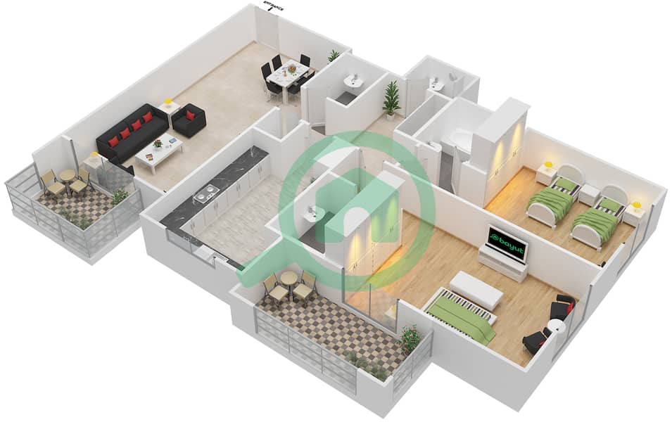 المخططات الطابقية لتصميم النموذج / الوحدة 2B/2 شقة 2 غرفة نوم - عزيزي ديزي interactive3D