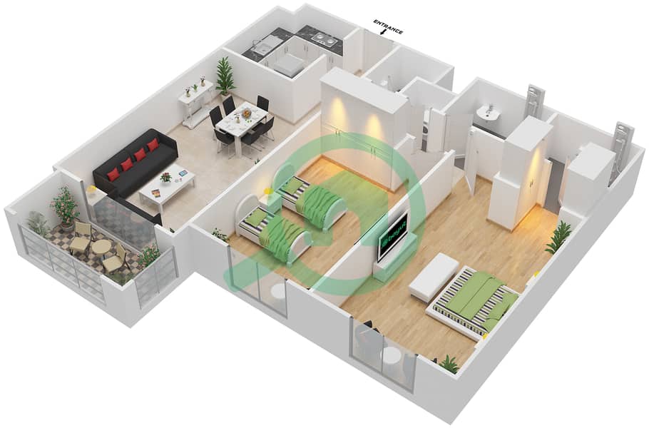 阿齐兹雏菊公寓 - 2 卧室公寓类型／单位3B/3戶型图 interactive3D
