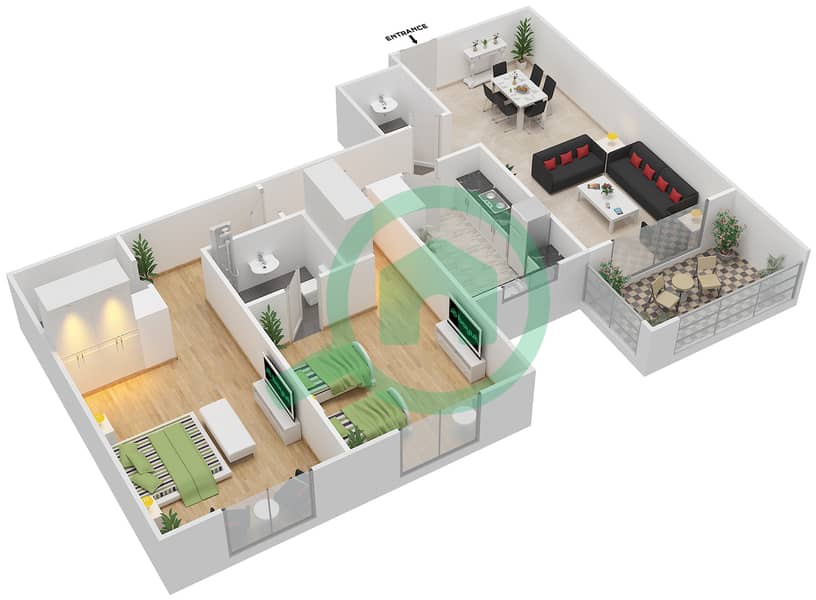 المخططات الطابقية لتصميم النموذج / الوحدة 4B/4 شقة 2 غرفة نوم - عزيزي ديزي interactive3D