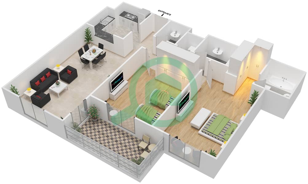 阿齐兹雏菊公寓 - 2 卧室公寓类型／单位5B/6戶型图 interactive3D