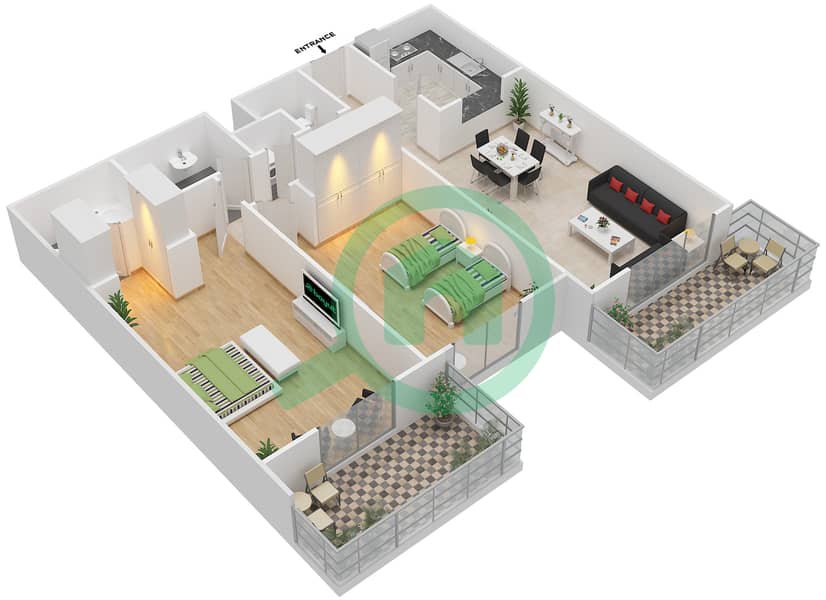 阿齐兹雏菊公寓 - 2 卧室公寓类型／单位6B/7戶型图 interactive3D