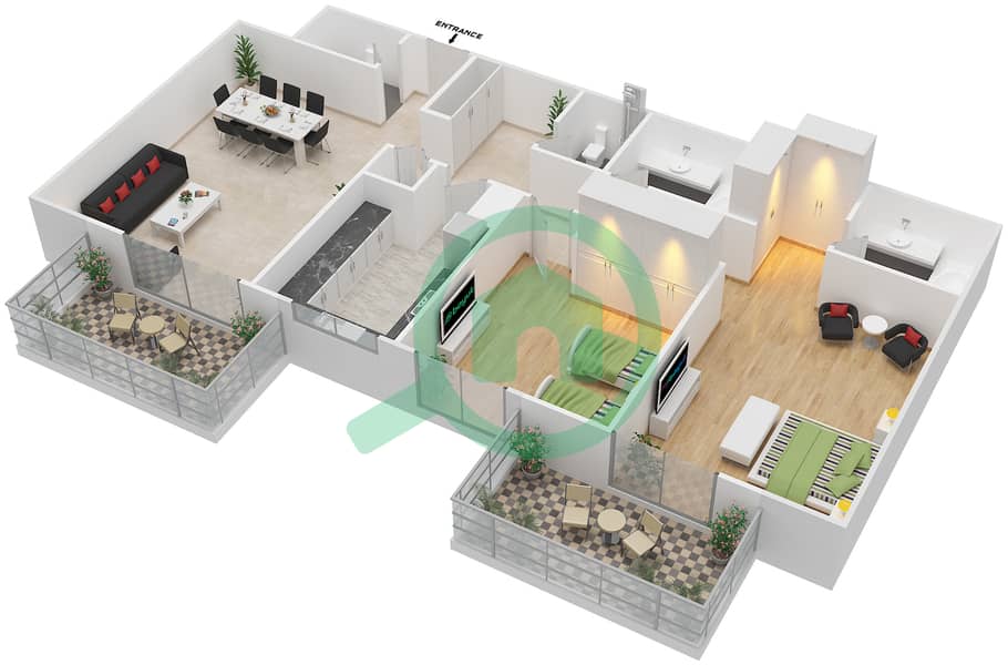 阿齐兹雏菊公寓 - 2 卧室公寓类型／单位7B/9戶型图 interactive3D