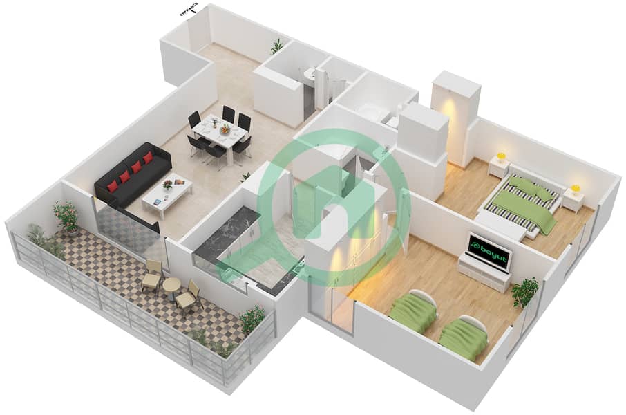 阿齐兹雏菊公寓 - 2 卧室公寓类型／单位8B/13戶型图 interactive3D