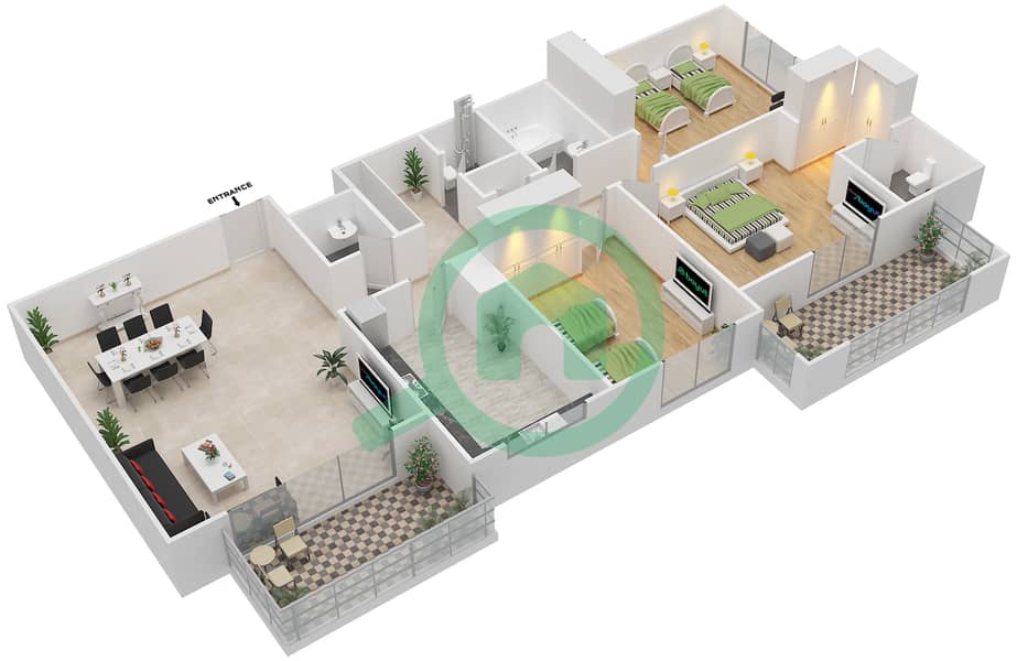 المخططات الطابقية لتصميم النموذج / الوحدة 1C/8 شقة 3 غرف نوم - عزيزي ديزي interactive3D