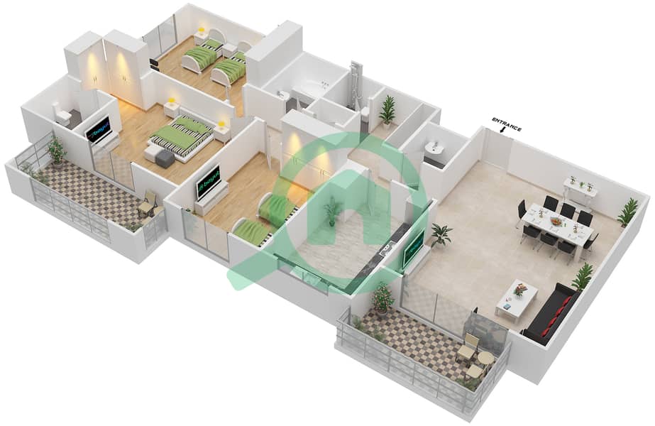 المخططات الطابقية لتصميم النموذج / الوحدة 2C/12 شقة 3 غرف نوم - عزيزي ديزي interactive3D