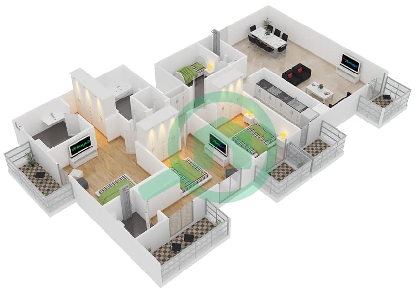 Виктория Резиденси - Апартамент 3 Cпальни планировка Тип K interactive3D