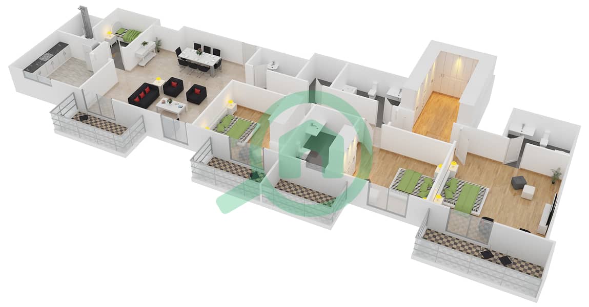 维多利亚公寓 - 3 卧室公寓类型I戶型图 interactive3D