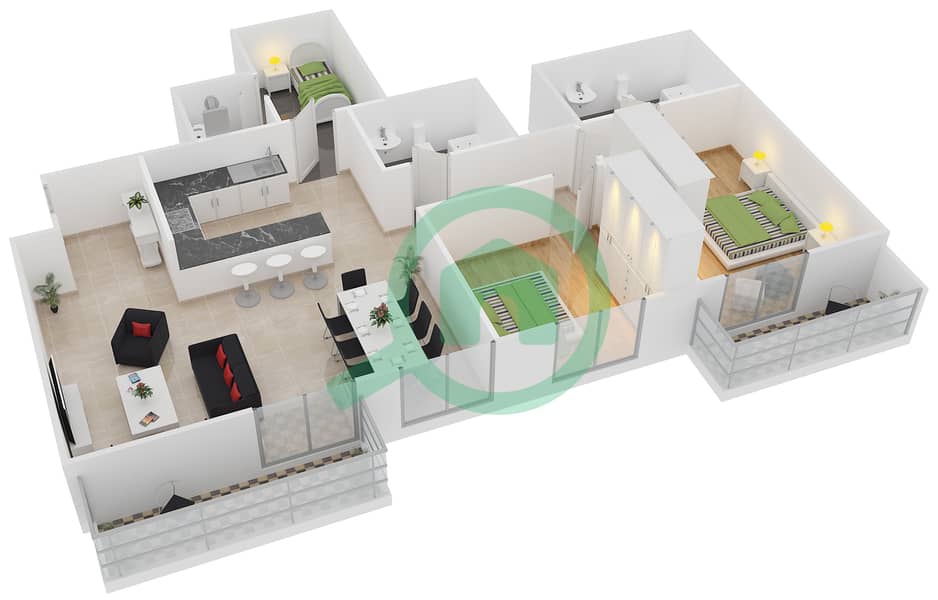 Виктория Резиденси - Апартамент 2 Cпальни планировка Тип H interactive3D