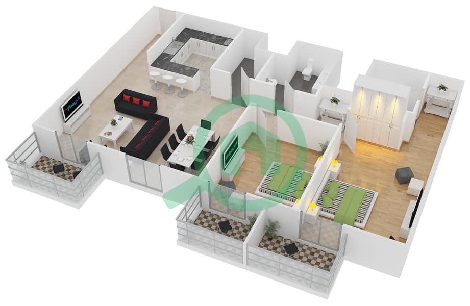 المخططات الطابقية لتصميم النموذج G شقة 2 غرفة نوم - فكتوريا ريزيدينسي interactive3D