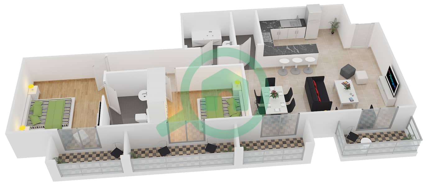 Виктория Резиденси - Апартамент 2 Cпальни планировка Тип F interactive3D