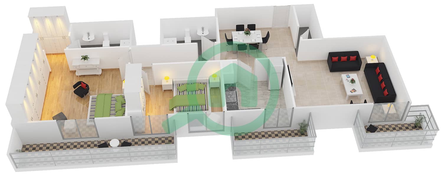 المخططات الطابقية لتصميم النموذج E شقة 2 غرفة نوم - فكتوريا ريزيدينسي interactive3D