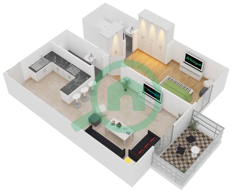 المخططات الطابقية لتصميم النموذج D شقة 1 غرفة نوم - فكتوريا ريزيدينسي interactive3D