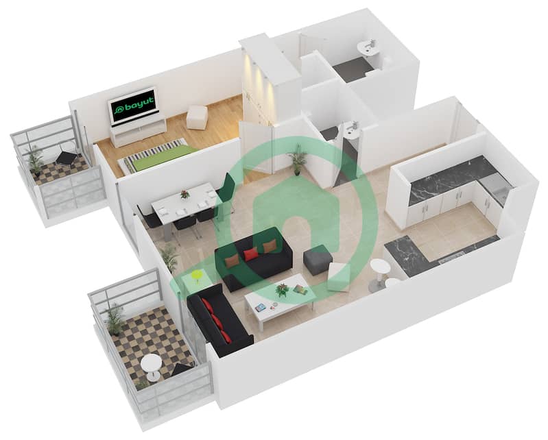 المخططات الطابقية لتصميم النموذج B شقة 1 غرفة نوم - فكتوريا ريزيدينسي interactive3D