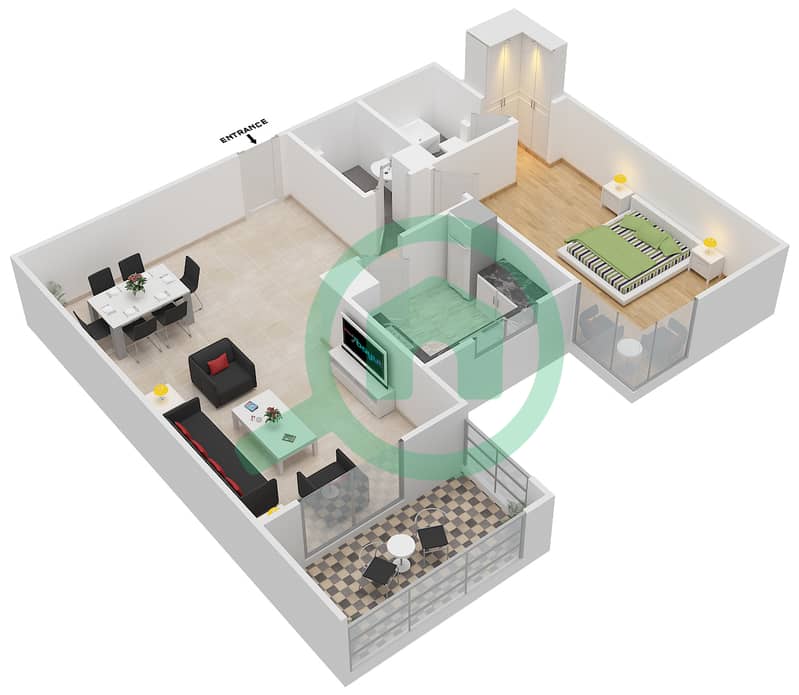 المخططات الطابقية لتصميم النموذج A شقة 1 غرفة نوم - عزيزي توليب interactive3D