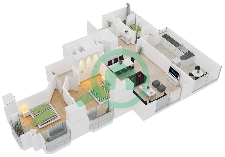 Аль-Дана Тауэр - Апартамент 2 Cпальни планировка Тип A interactive3D