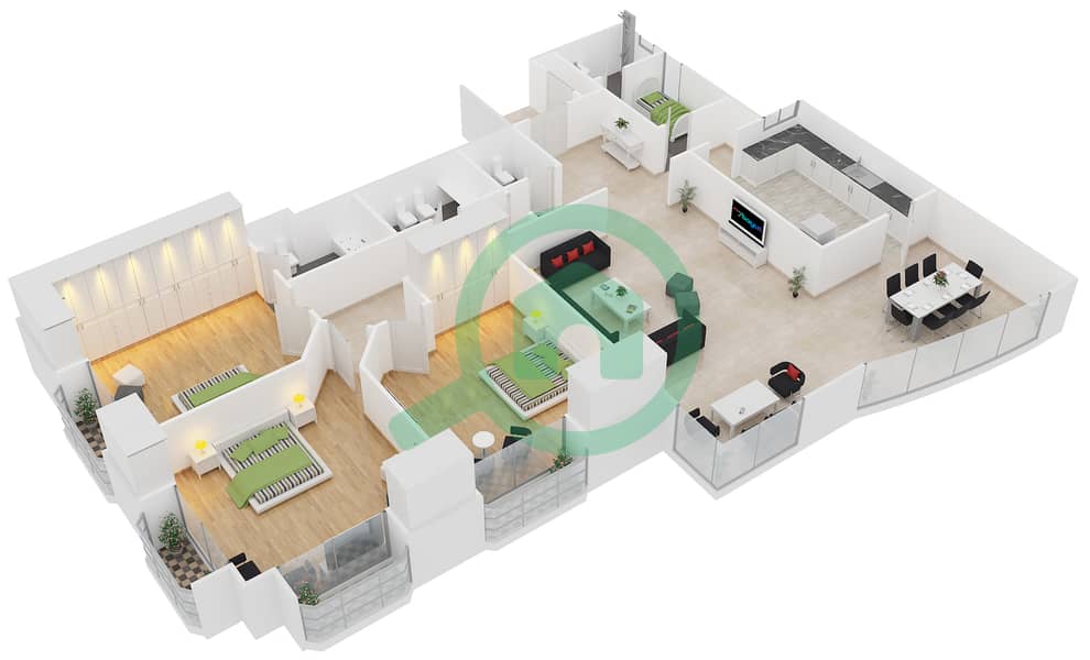 Al Dana Tower - 3 Bedroom Apartment Type A Floor plan interactive3D