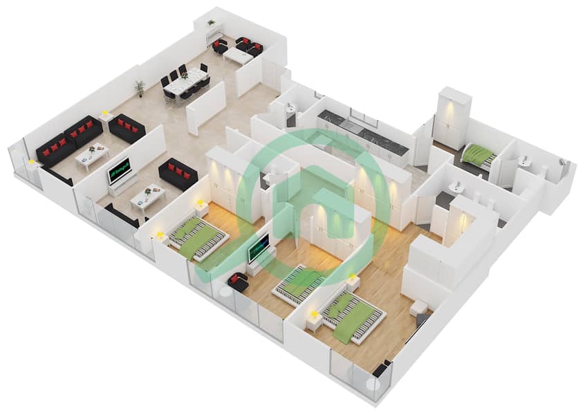 المخططات الطابقية لتصميم النموذج B شقة 3 غرف نوم - برج الدانة interactive3D