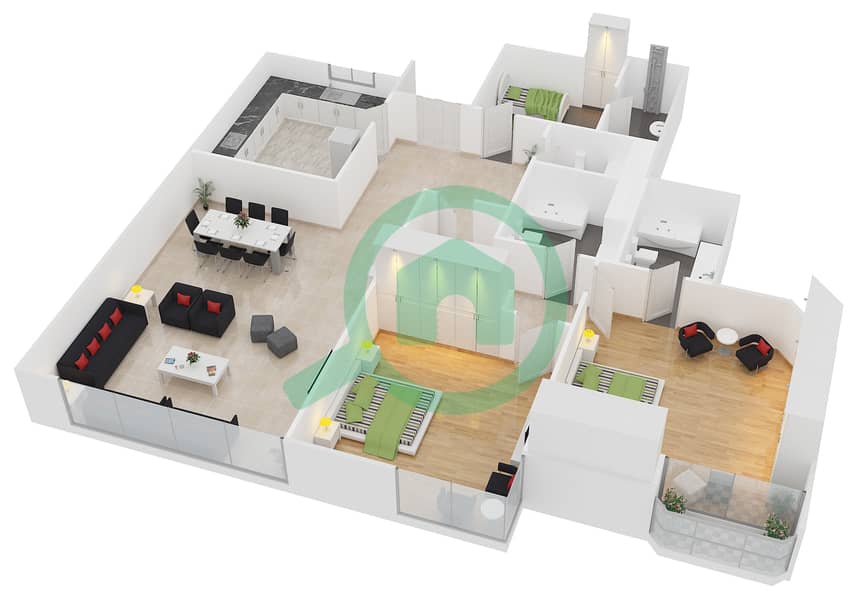 Al Dana Tower - 2 Bedroom Apartment Type B Floor plan interactive3D