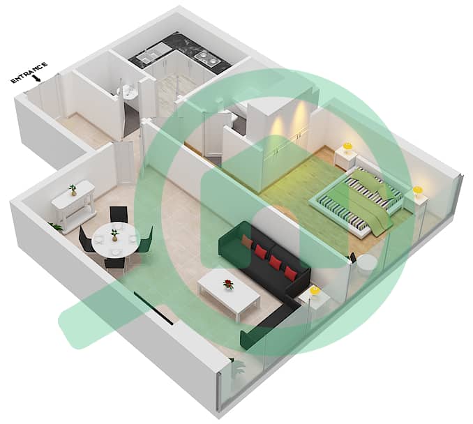 المخططات الطابقية لتصميم النموذج A شقة 1 غرفة نوم - برج سيبا interactive3D