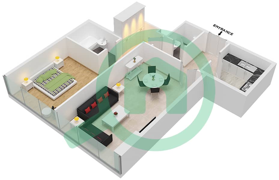 المخططات الطابقية لتصميم النموذج B شقة 1 غرفة نوم - برج سيبا interactive3D