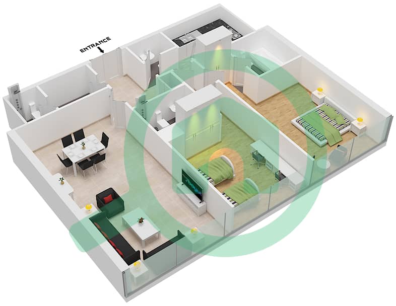 المخططات الطابقية لتصميم النموذج C شقة 2 غرفة نوم - برج سيبا interactive3D