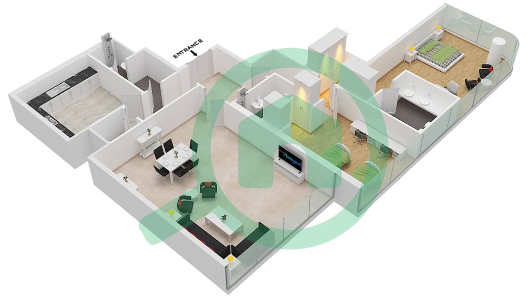 المخططات الطابقية لتصميم النموذج E شقة 2 غرفة نوم - برج سيبا interactive3D
