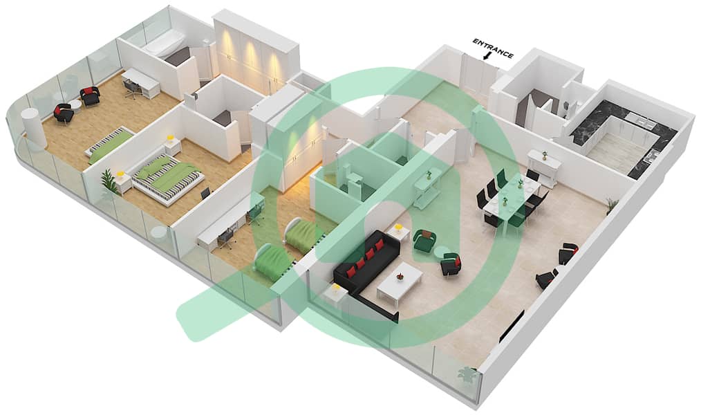 المخططات الطابقية لتصميم النموذج F شقة 3 غرف نوم - برج سيبا interactive3D
