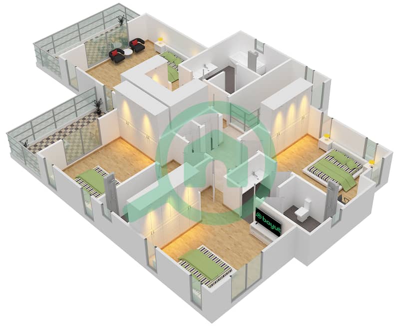 المخططات الطابقية لتصميم النموذج 1 فیلا 4 غرف نوم - رشا First Floor interactive3D