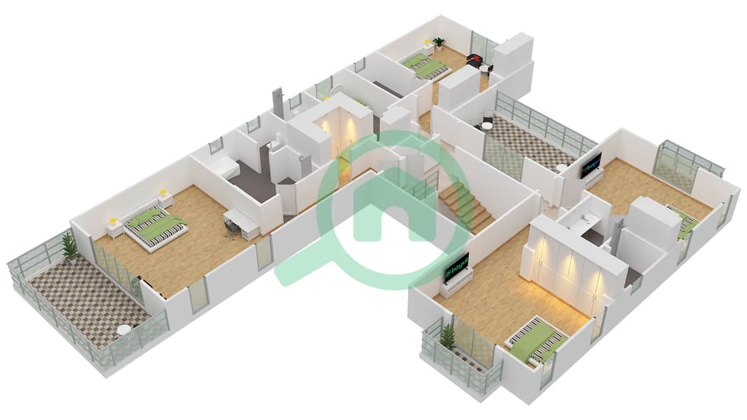 المخططات الطابقية لتصميم النموذج 3 فیلا 4 غرف نوم - رشا First Floor interactive3D