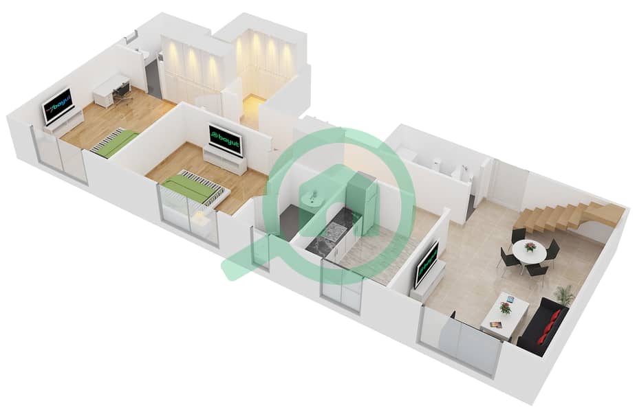المخططات الطابقية لتصميم النموذج B4 FLOOR 5 شقة 2 غرفة نوم - الكوف interactive3D