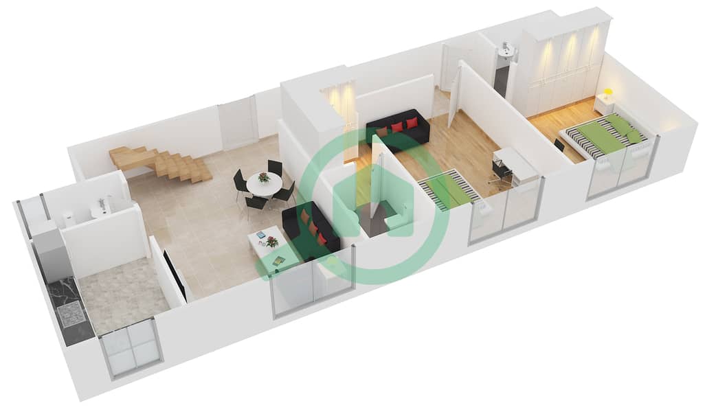 المخططات الطابقية لتصميم النموذج B1 FLOOR 5 شقة 2 غرفة نوم - الكوف interactive3D