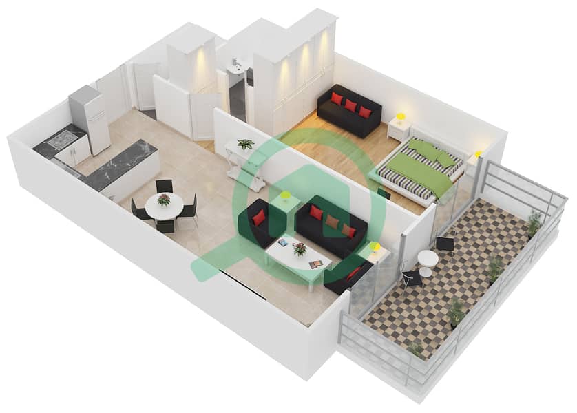 阁楼公寓 - 1 卧室公寓类型A1戶型图 interactive3D
