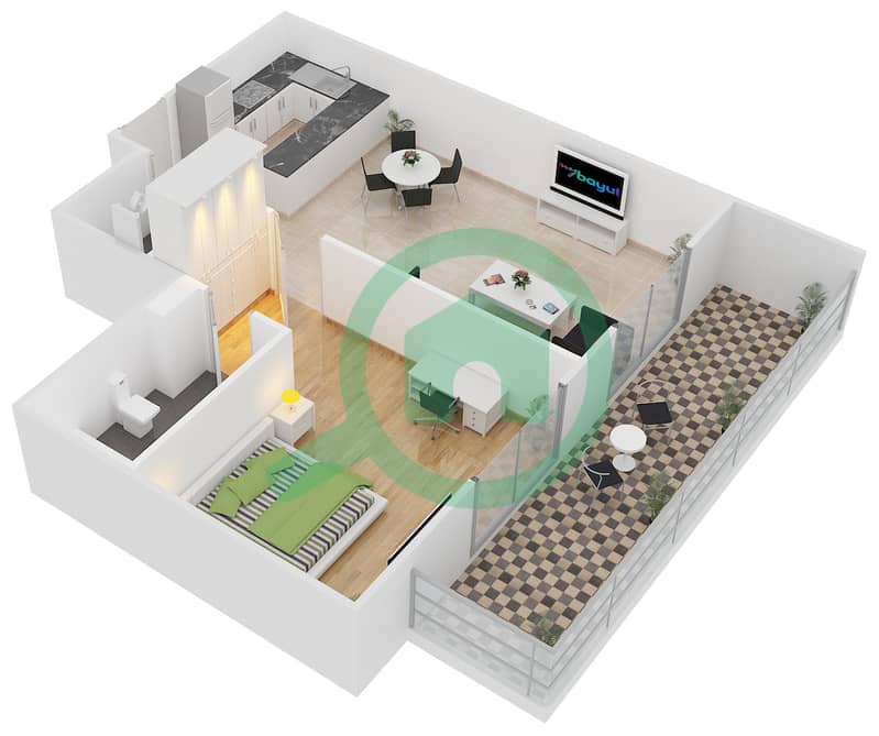 Alcove - 1 Bedroom Apartment Type A2 Floor plan interactive3D