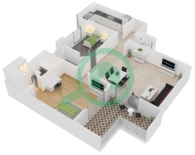المخططات الطابقية لتصميم النموذج A4 شقة 1 غرفة نوم - الكوف interactive3D