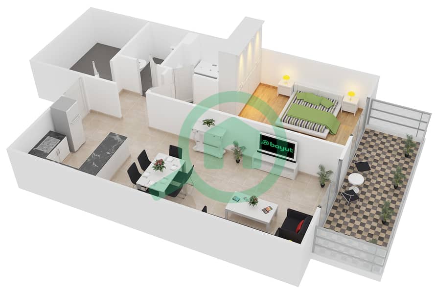 المخططات الطابقية لتصميم النموذج A5 شقة 1 غرفة نوم - الكوف interactive3D