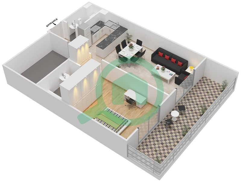 المخططات الطابقية لتصميم النموذج A6 شقة 1 غرفة نوم - الكوف interactive3D
