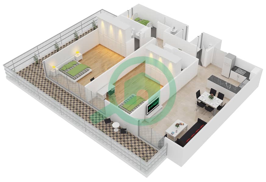 المخططات الطابقية لتصميم النموذج B2 شقة 2 غرفة نوم - الكوف interactive3D